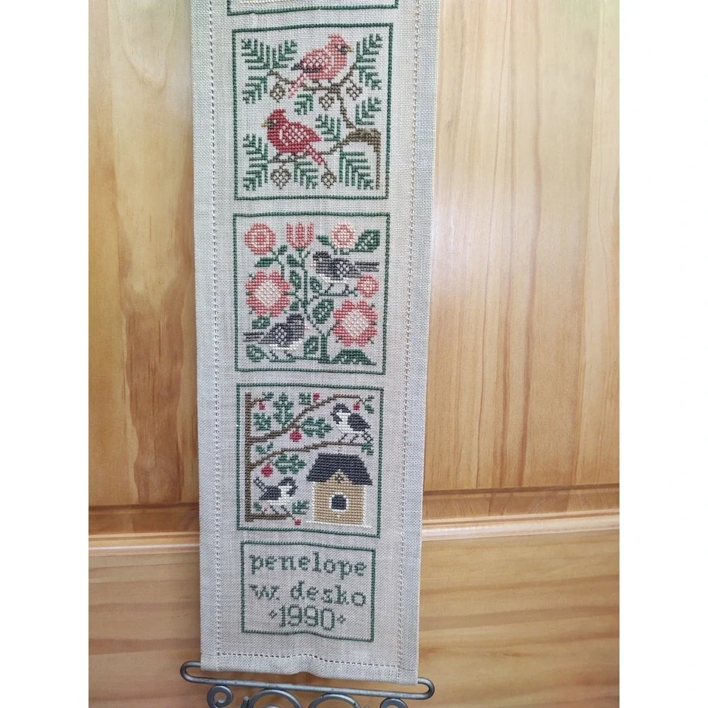 Vintage Completed Cross Stitch Birds Bell Brass Hanger 36